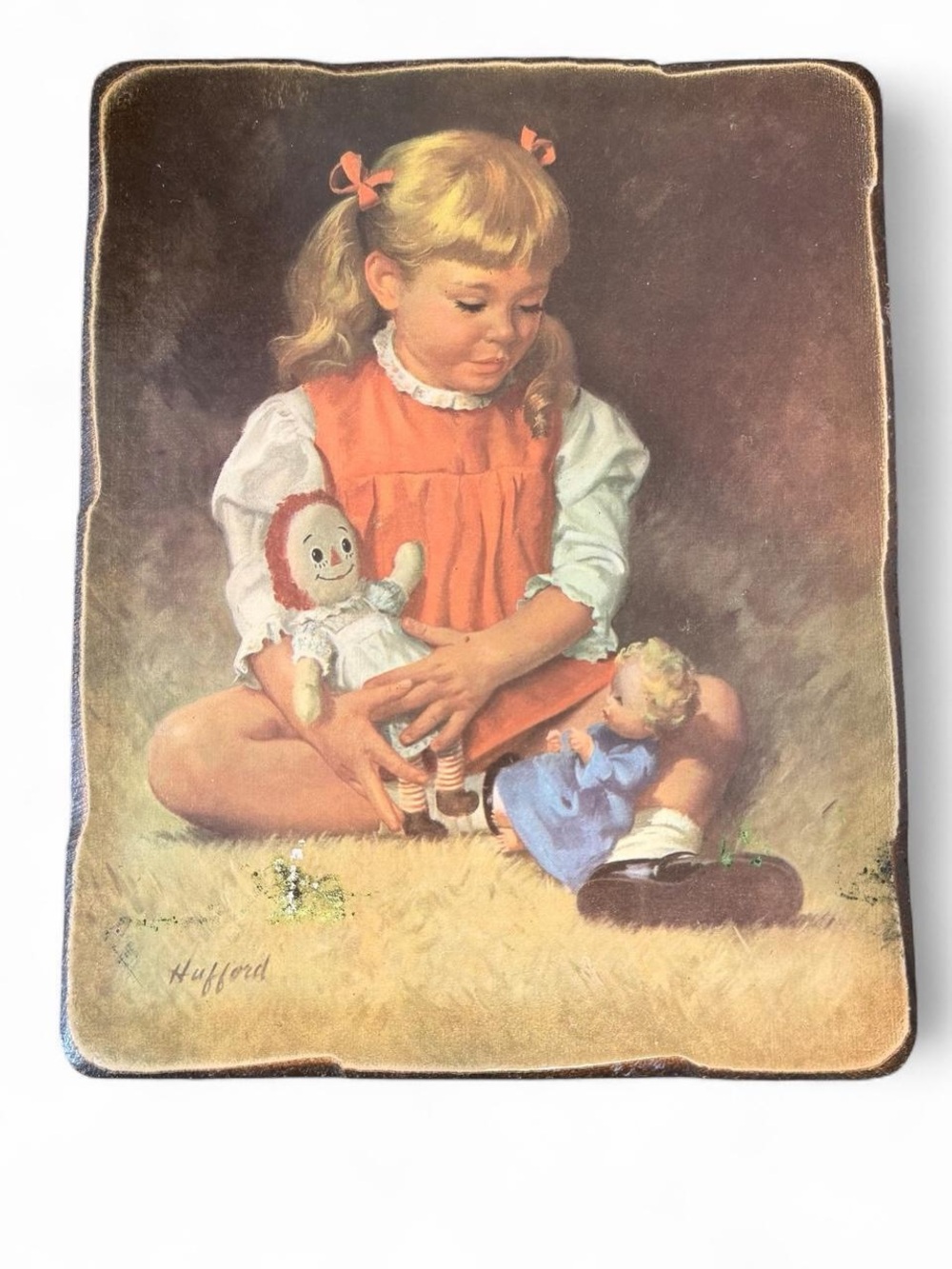 1960s Norman Rockwell "Girl with Dolls" wood plaque. 8x10